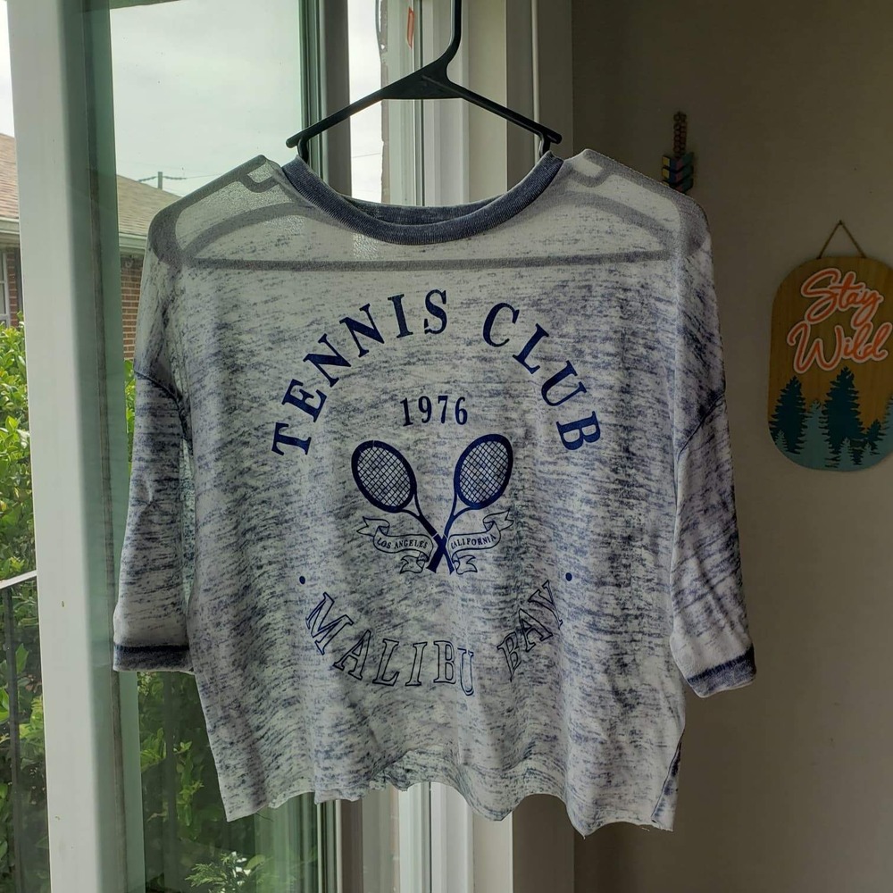 Tennis Club 1976 Malibu Bay Graphic Crop Top Blue White Burnout Short Sleeve
